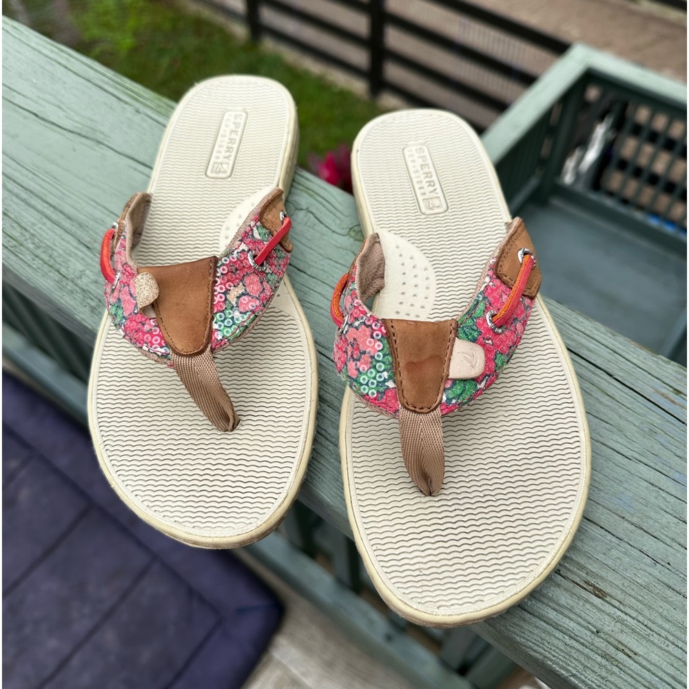Women’s Sperry Topsiders Seafish Pink flowers Sequins size 8
